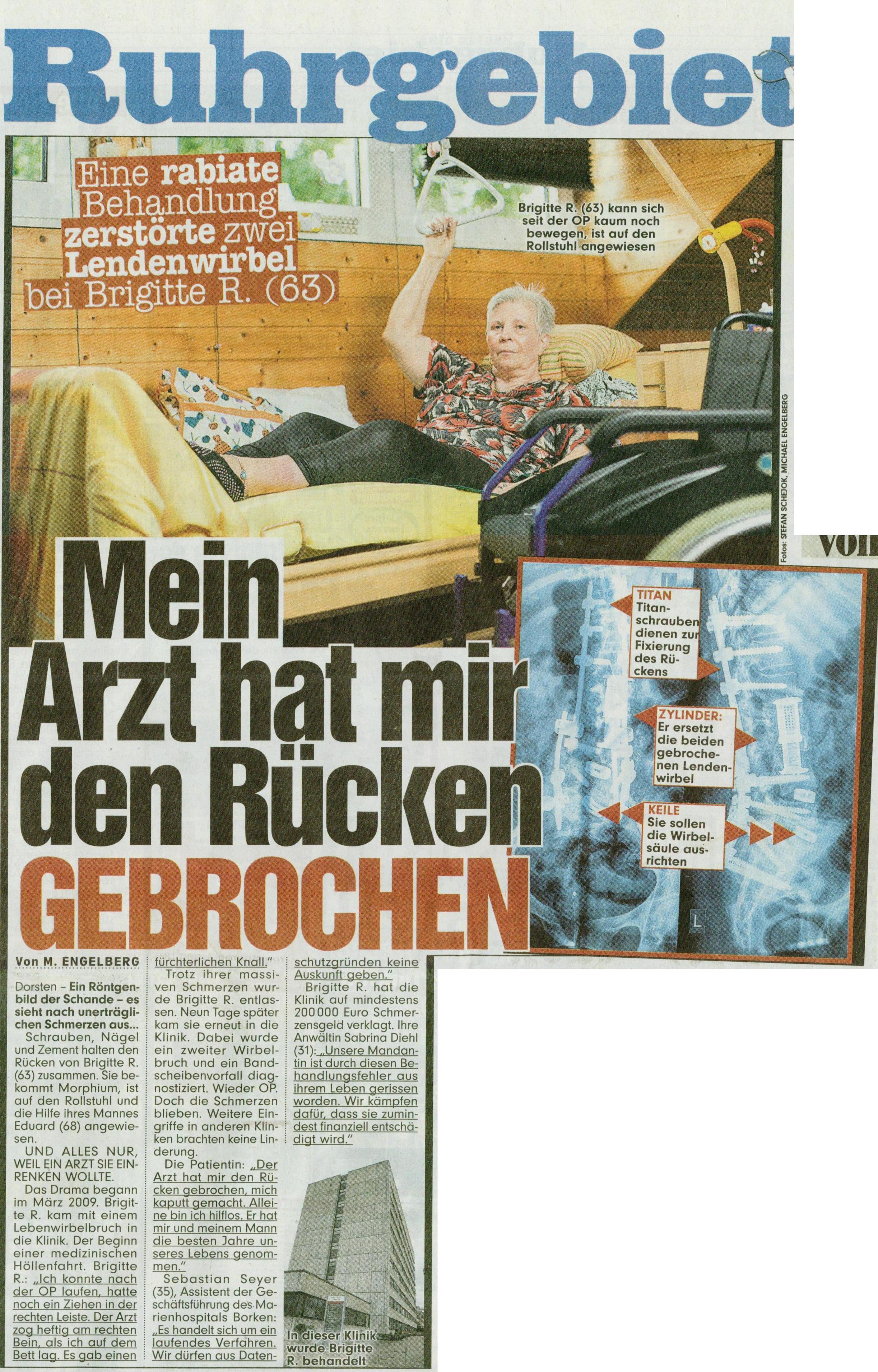 Bild 28.06.2013   Mein Arzt hat mir den Rücken gebrochen   Eine rabiate Behandlung zerstörte zwei Lendenwirbel bei Brigitte R.