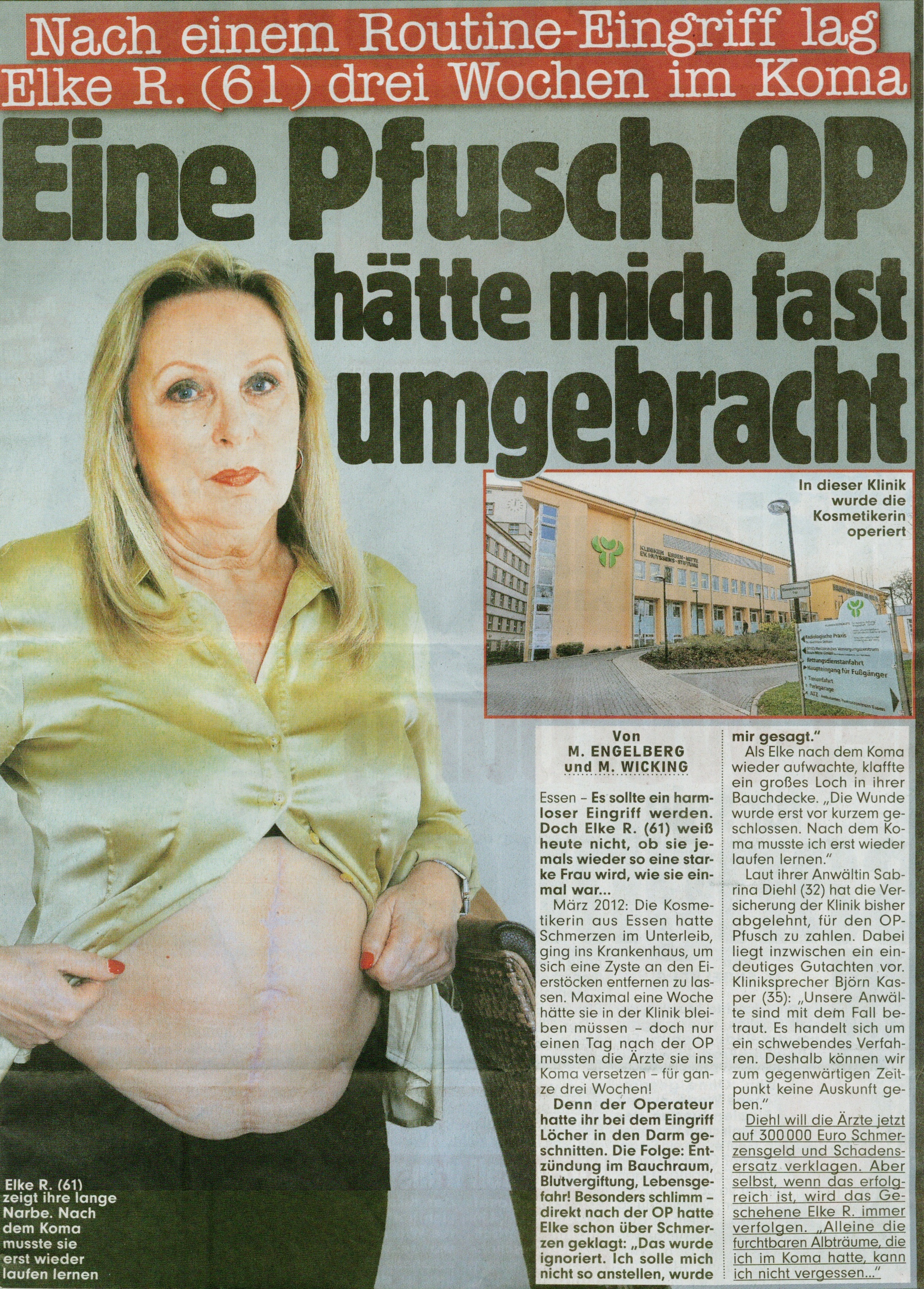 Bild vom 02.11.2013   Eine Pfusch OP hätte mich fast umgebracht   Nach einem Rputine Eingriff lag Elke R. (61) drei Wochen im Koma, Sabrina Diehl, Essen, Löcher im Darm