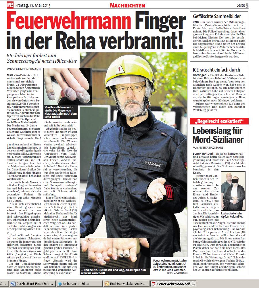 Express vom 17.05.2013   Feuerwehrmann Finger in der Reha verbrannt   66jähriger fordert nun Schmerzensgeld   Sabrina Diehl   Patientenanwalt   Marl   Pfusch   Reha