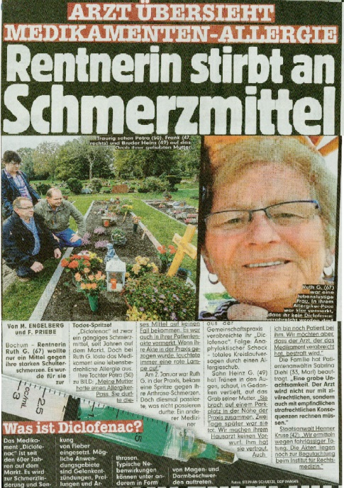 BILD 13.10.2014 Arzt übersieht Medikamenten Allergie Behandlungsfehler mit Todesfolge Rentnerin stirbt an Allergieschock Sabrina Diehl