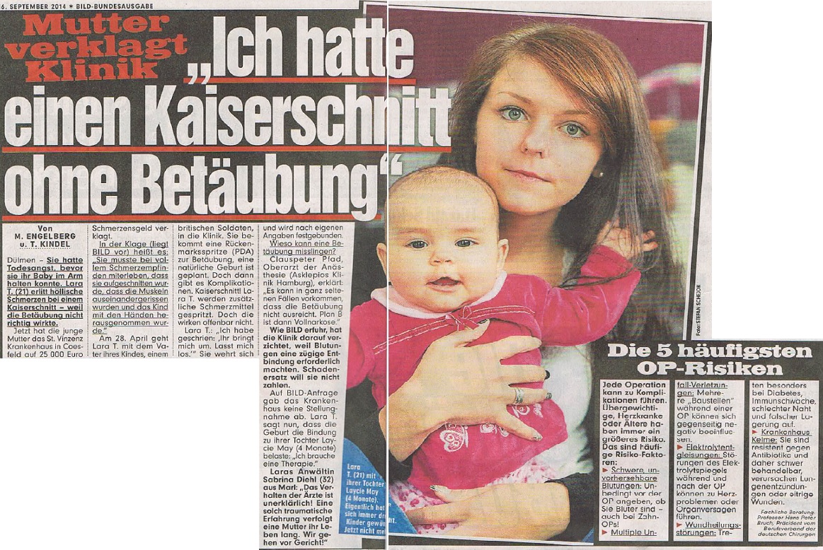 Bild Zeitung vom 16.09.2014 Kaiserschnitt ohne Betäubung Sabrina Diehl Narkose wirkte nicht Medizinrecht Patientenanwältin Marl Oberhausen NRW