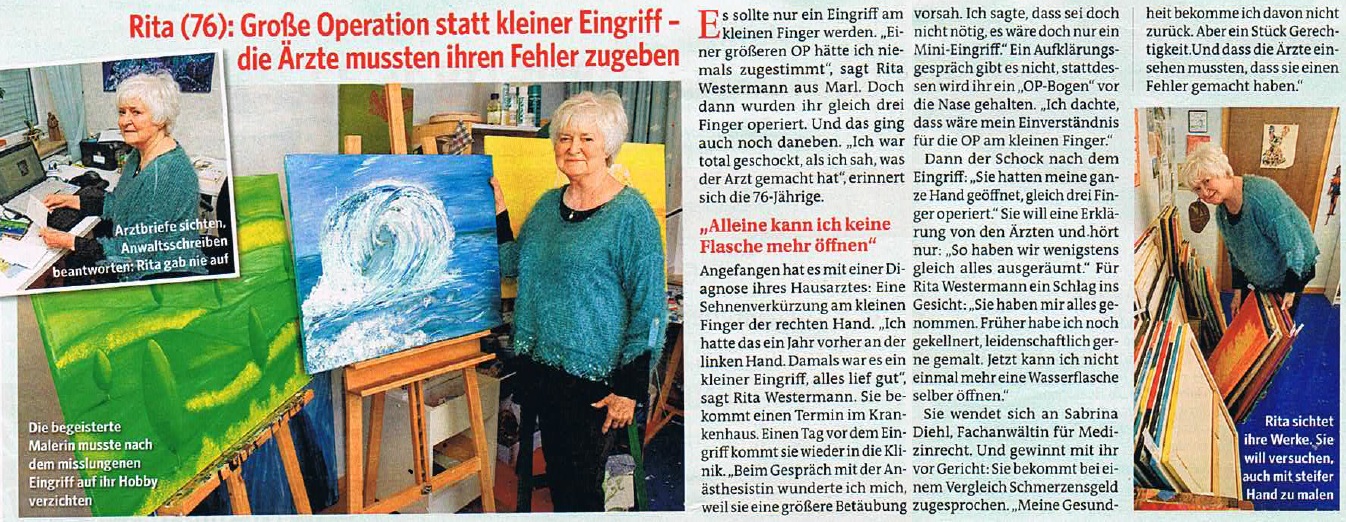 Bild der Frau vom 18.12.2014 Große Operation statt kleiner Eingriff Sabrina Diehl Fachanwältin für Medizinrecht Schmerzensgeld Marl Oberhausen Arztfehler