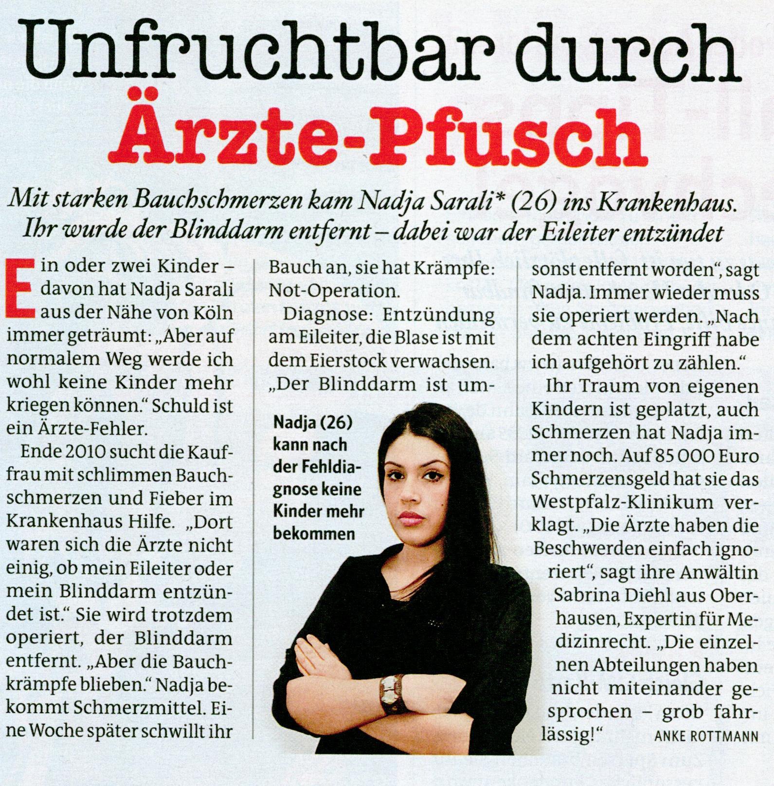 Bild der Frau vom 25.04.2014 Unfruchtbar durch Ärzte Pfusch Schmerzensgeld Not Operation Blinddarm Sabrina Diehl Anwältin Expertin für Medizinrecht Oberhausen