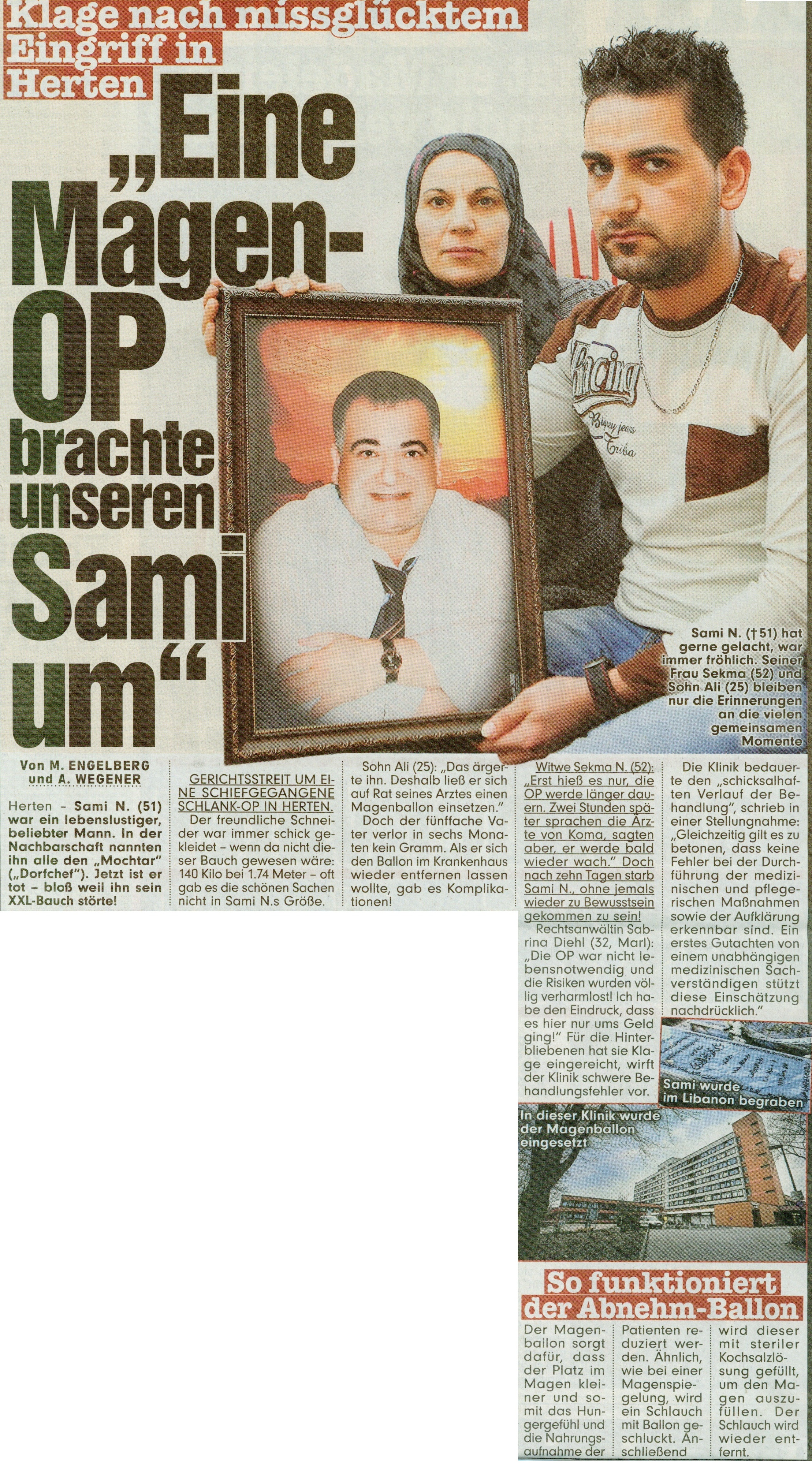 Bild vom 20.02.2014 Klage nach missglücktem Eingriff in Herten Eine Magen OP brachte unseren Sami um Fachanwältin Sabrina Diehl Patientenanwältin