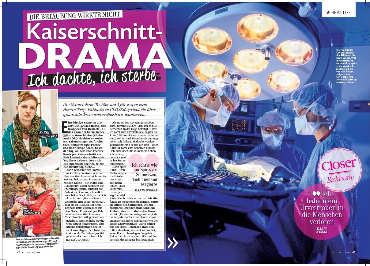 Closer vom 03.09.2014 Kaiserschnitt Drama Betäubung wirkte nicht Sabrina Diehl Oberhausen Marl Geburt Schicksal