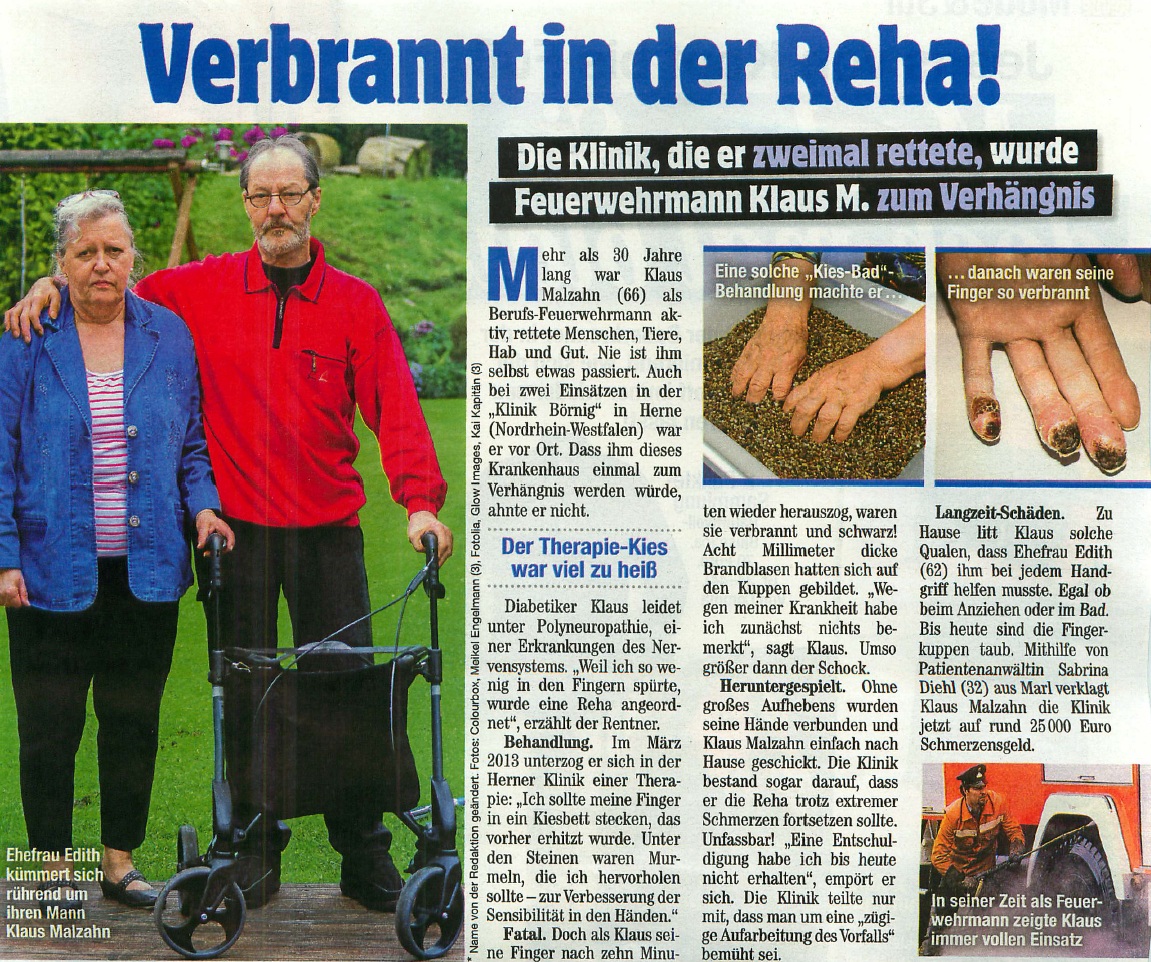 Freizeit Revue vom 26.02.2014 Verbrannt in der Reha Die Klinik die er zweimal rettete, wurde Feuerwehrmann Klaus M. zum Verhängnis, Herne, NRW, Sabrina Diehl Kiesbett