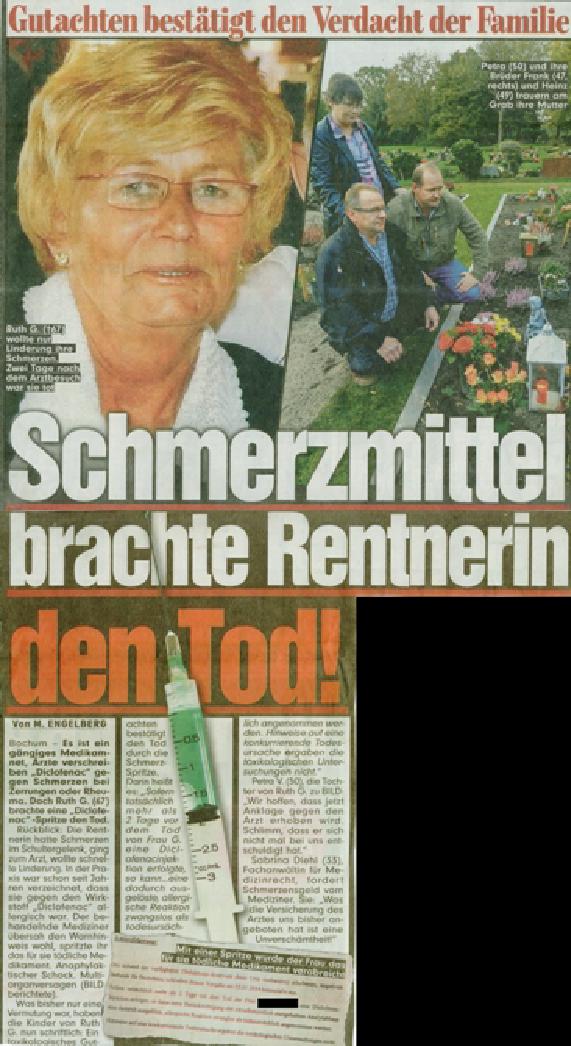 BILD vom 02.03.2015 Schmerzmittel brachte Rentnerin den Tod Gutachten bestätigt den Verdacht der Familie Sabrina Diehl Fachanwältin für Medizinrecht 001