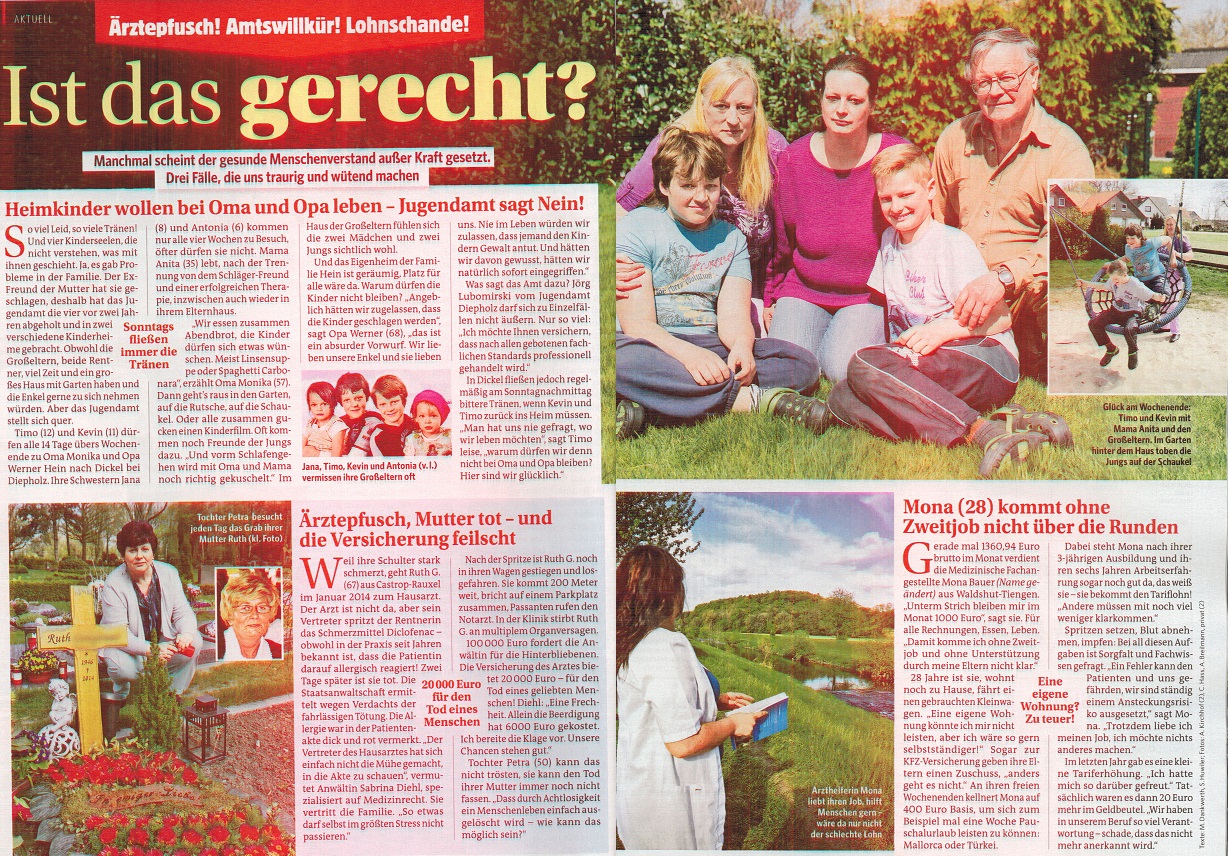 Bild der Frau vom 08.05.2015 Ärztepfusch Mutter tot und die Versicherungs feilscht 5abrina Diehl Fachanwältin für Medizinrecht Marl Oberhausen Arzthaftungsrecht