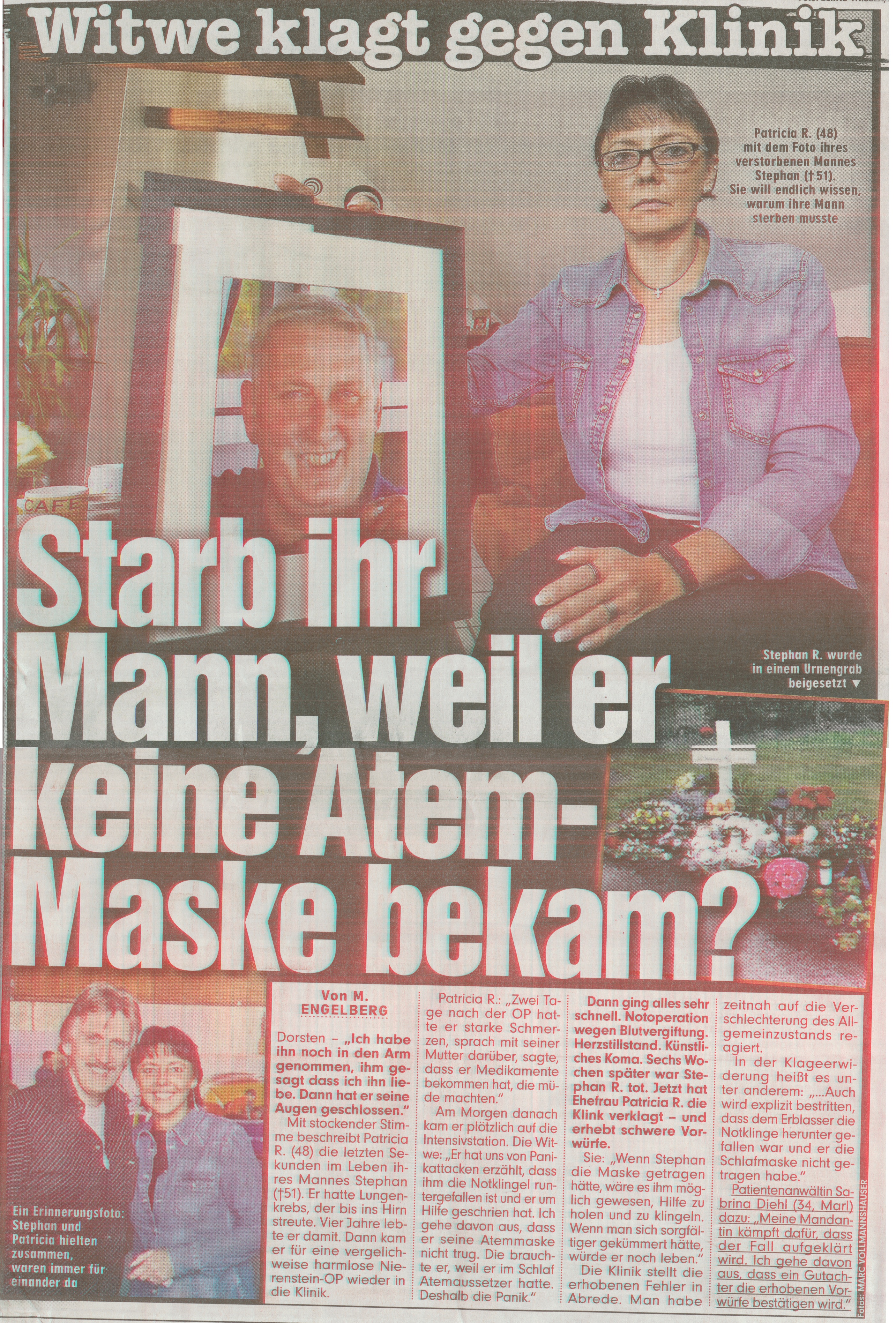 Bild vom 05.10.2015 Starb ihr Mann, weil er keine Atem Maske bekam Ärztepfusch Behandlungsfehler Medizinrecht Lungenkrebs Nierenstein Sabrina Diehl Fachanwältin Patienten Krankenhaus