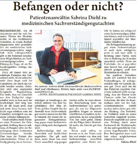 Kurier zum Sonntag vom 28.11.2015 Befangen oder nicht Patientenanwältin Sabrina Diehl zu medizinischen Sachverständigengutachten