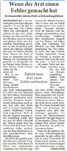 Kurier zum Sonntag vom 31.10.2015 Wenn der Arzt einen Fehler gemacht hat Sabrina Diehl Fachanwältin für Medizinrecht Schadensersatz Schmerzensgeld Behandlungsfehler 001