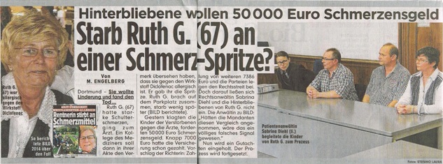 BILD vom 17.07.2016 Starb Ruth G. 67 an einer Schmerz-Spritze Hinterbliebene wollen 50.000 Euro Schmerzensgeld Sabrina Diehl Fachanwltin fr Medizinrecht Schadenersatz Diclofenac