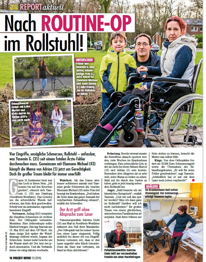 Freizeit Revue 06.04.2016 Nach Routine OP im Rollstuhl Sabrina Diehl Oberhausen Marl Fachanwältin Medizinrecht Patienten Krankenhaus