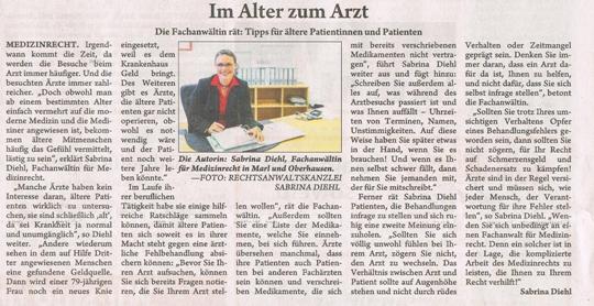 Kurier zum Sonntag vom August 2016 Im Alter zum Arzt Sabrina Diehl Fachanwalt fr Medizinrecht Schmerzensgeld Schadensersatz Tag der lteren Menschen