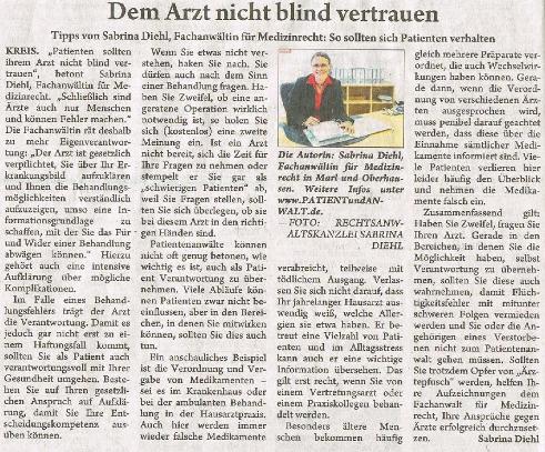 Kurier zum Sonntag vom 07.02.2016 Dem arzt nicht blind vertrauen Sabrina Diehl Fachanwältin für Medizinrecht Schmerzensgeld Schadensersatz Ärztepfusch 001