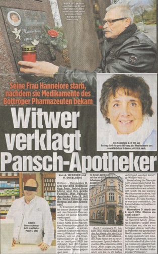 BILD vom 24.02.2017 Witwer verklagt Pansch Apotheker Peter S. Krebspatient Chemo zu wenig Wirkstoffe Bottrop Staatsanwaltschaft Essen Sabrina Diel Fachanwltin fr medizinrecht Schmerzensgeld Schadensersatz Michael Engelberg Tumor