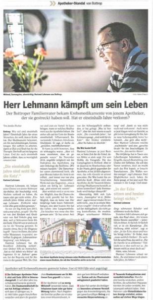 WAZ vom 28.07.2017 Herr Lehmann kämpft um sein Leben Fachanwältin Sabrina diehl Fachanwältin für Medizinrecht Schadensersatz Schmerzensgeld Apotheker Zyto Pfusch 