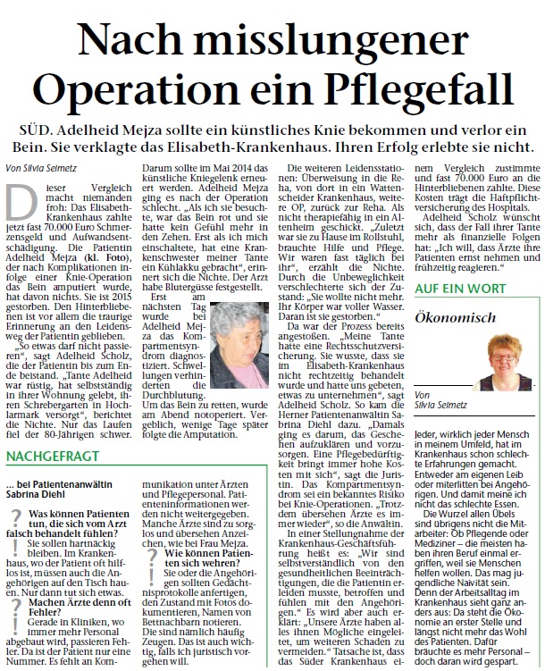 Recklinghäuser Zeitung Innenteil vom 09.10.2018 70.000 Euro für ein amputiertes Bein Recklinghausen Elisabeth KH Sabrina Diehl Herne Oberhausen Schadensersatz