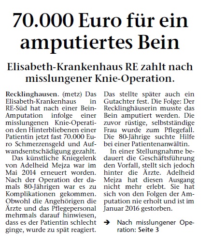 Recklinghäuser Zeitung Titel vom 09.10.2018 70.000 Euro für ein amputiertes Bein Recklinghausen Elisabeth KH Sabrina Diehl Herne Oberhausen Schadensersatz