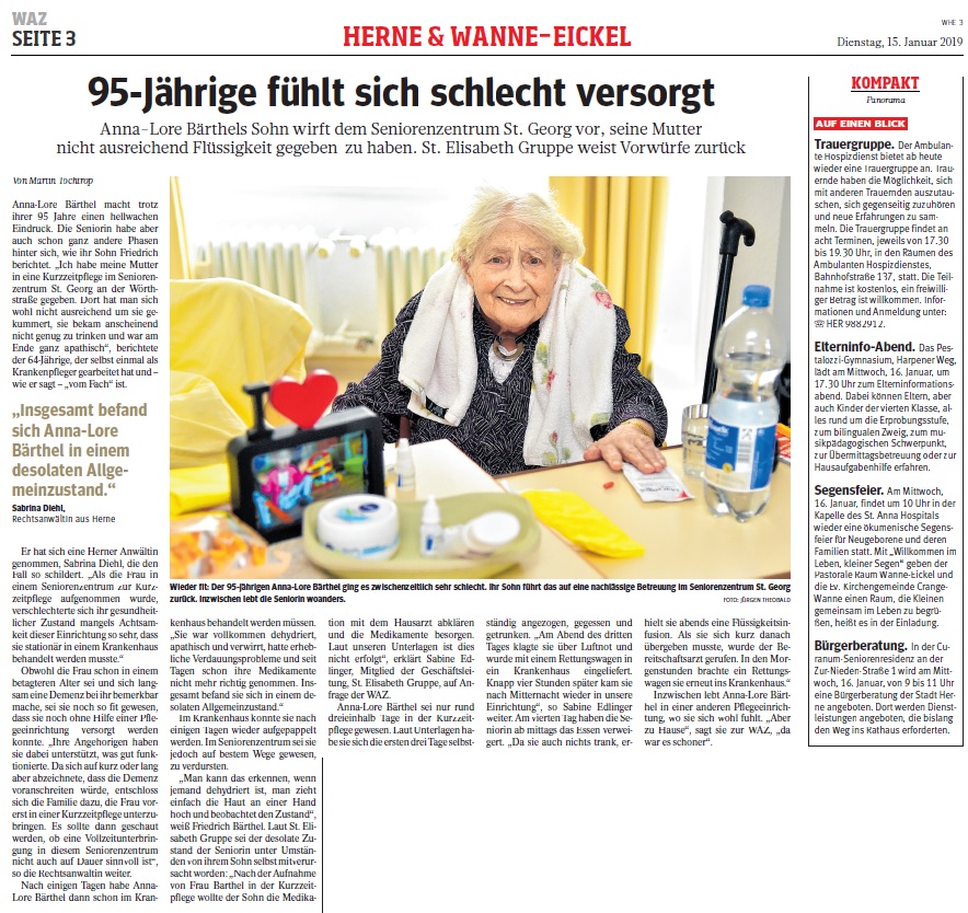 WAZ vom 15.01.2019 95 jährige fühlt sich schlecht versorgt Pflegefehler St. Georg Herne Oberhausen Behandlungsfehler Medizinrecht