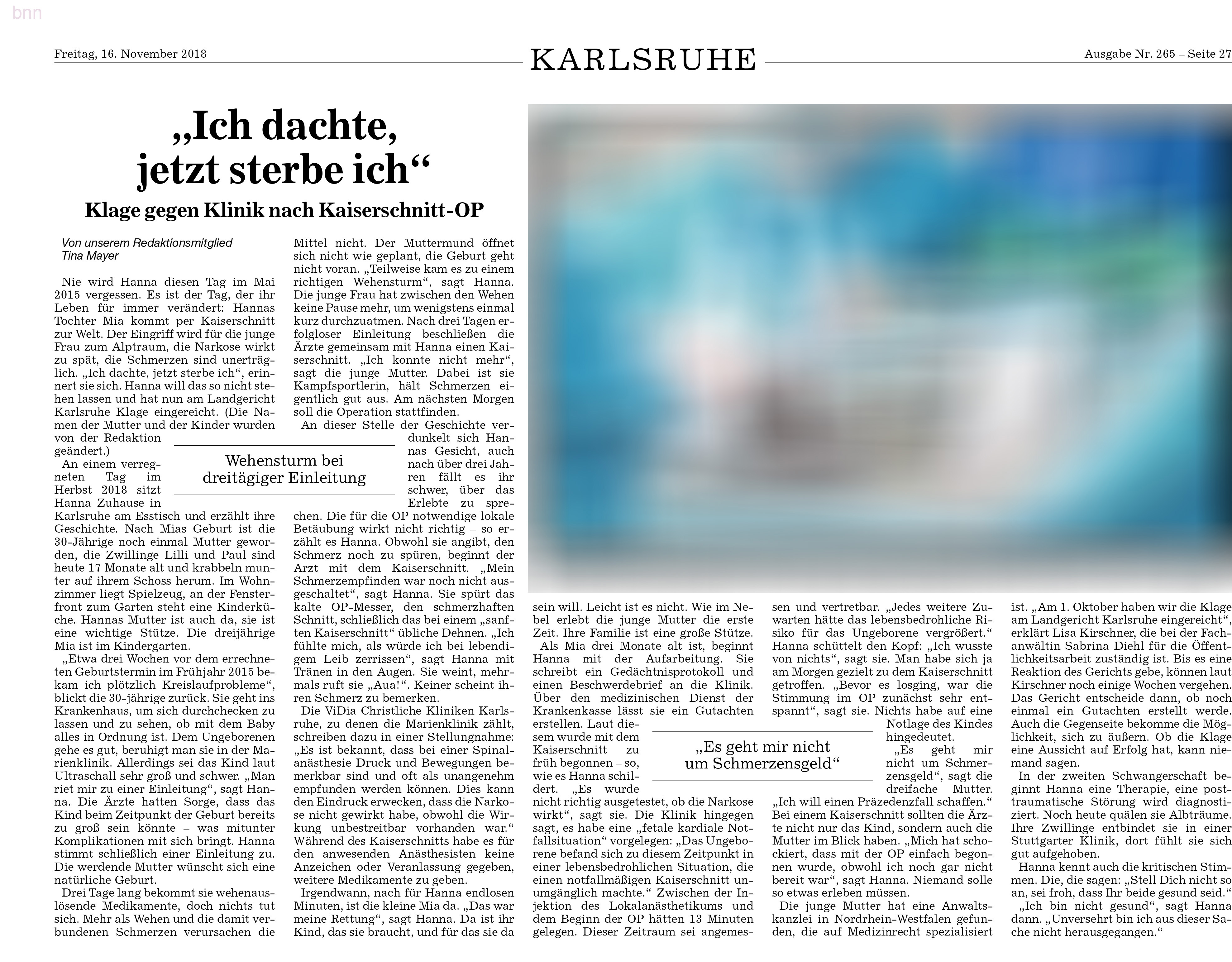 Badische Neueste Nachrichte vom 16.11.2018 Klage gegen Klinik nach Kaiserschnitt OP Behandlungsfehler Geburt Schadensersatz Schmerzensgeld Herne Oberhausen
