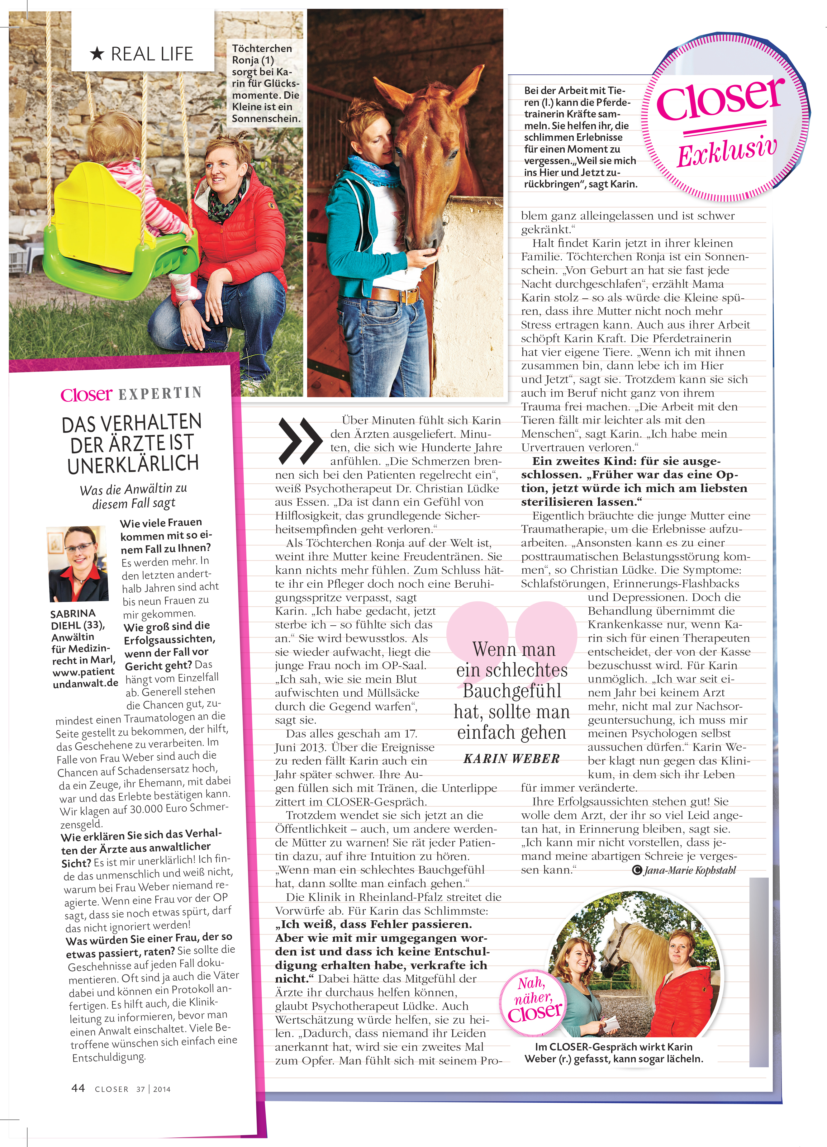 Closer2 vom 03.09.2014 Kaiserschnitt Drama Betäubung wirkte nicht Sabrina Diehl Oberhausen Marl Geburt Schicksal