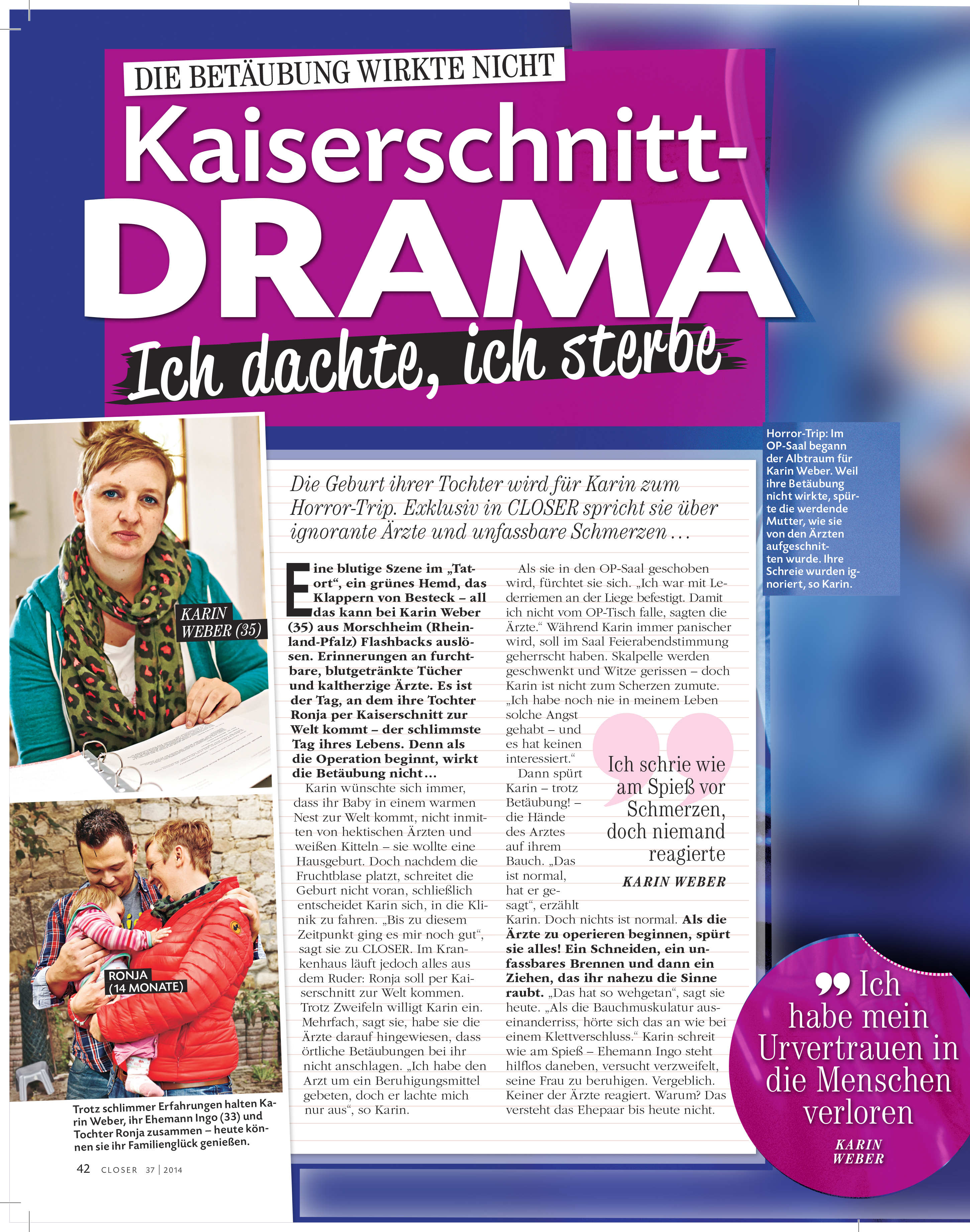 Closer vom 03.09.2014 Kaiserschnitt Drama Betäubung wirkte nicht Sabrina Diehl Oberhausen Marl Geburt Schicksal