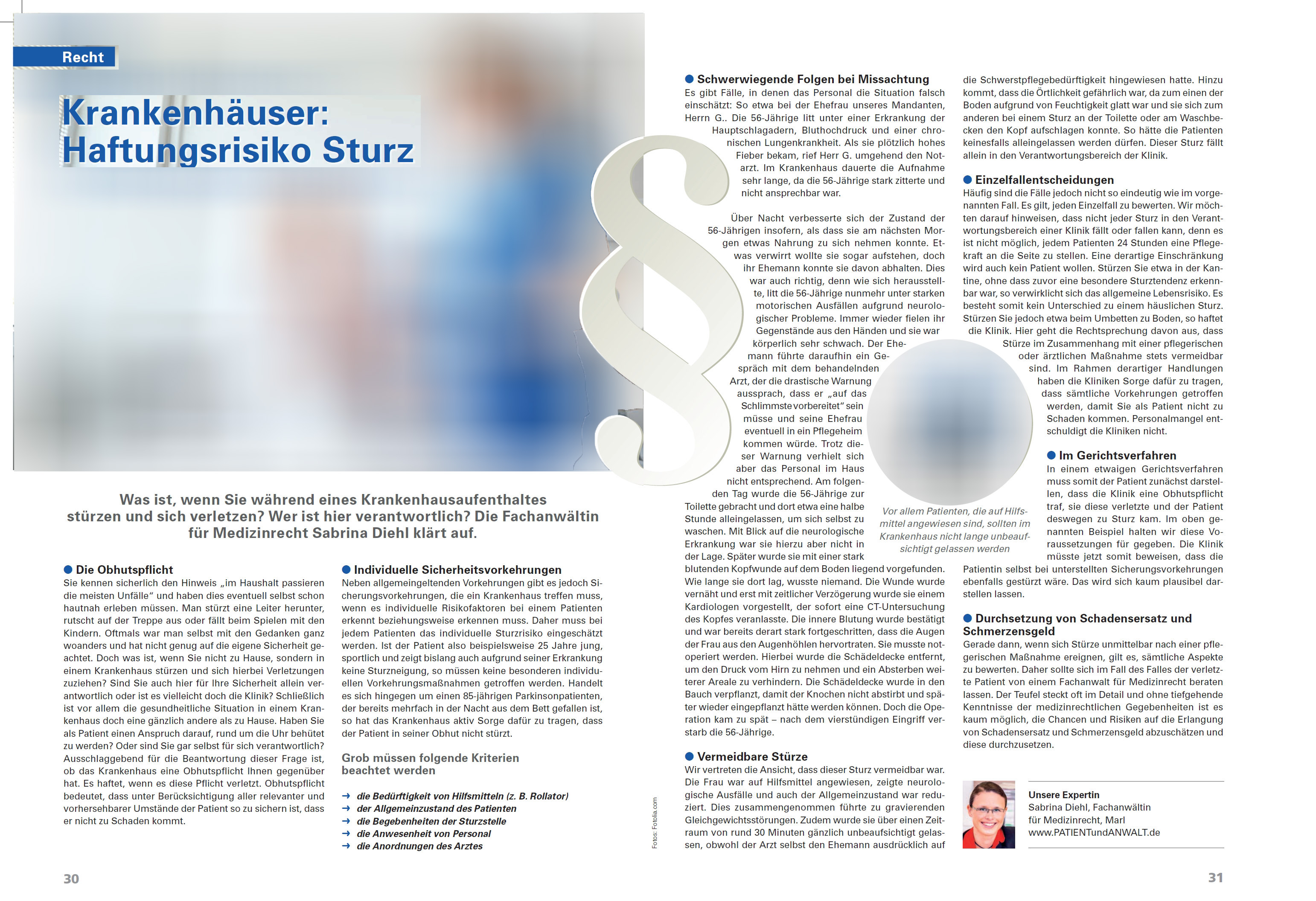 Das Magazin aus Ihrer Apotheke Ausgabe 22 aus 2016 Krankenhuser Haftungsrisiko Sturz Sabrina Diehl Fachanwalt fr Medizinrecht Hingefallen Fallen gelassen Schmerzensgeld Schadensersatz