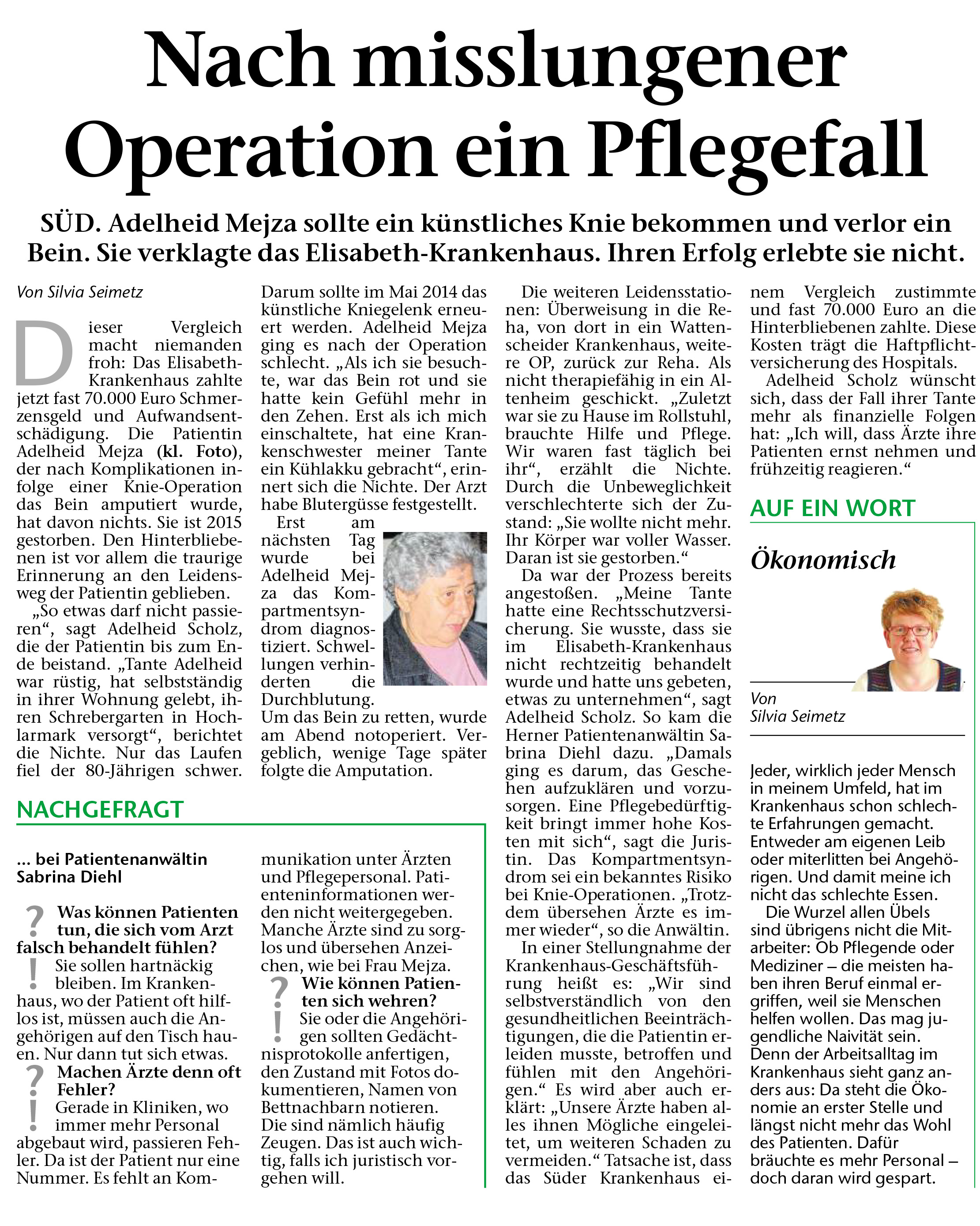Recklinghäuser Zeitung Innenteil vom 09.10.2018 70.000 Euro für ein amputiertes Bein Recklinghausen Elisabeth KH Sabrina Diehl Herne Oberhausen Schadensersatz