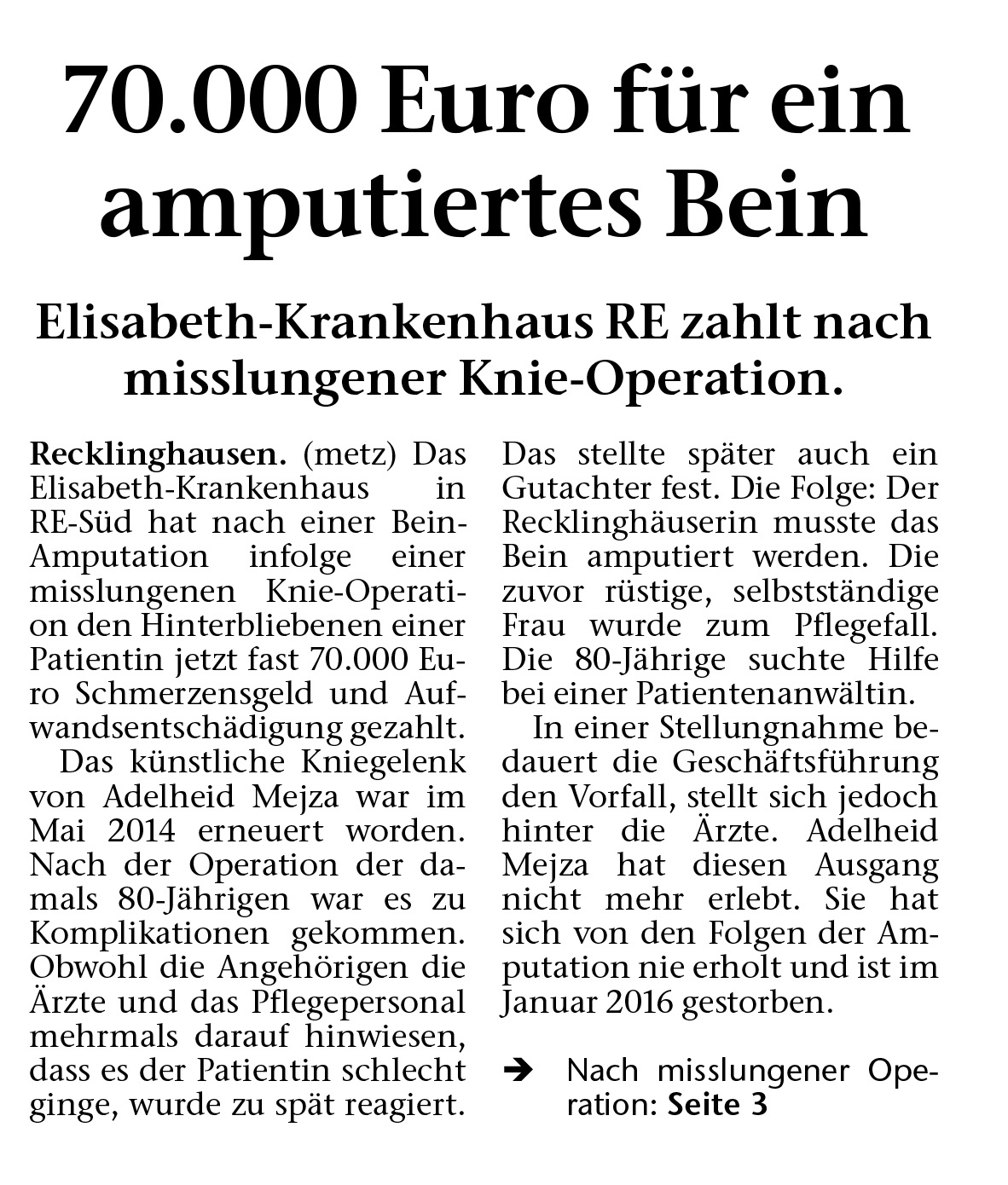 Recklinghäuser Zeitung Titel vom 09.10.2018 70.000 Euro für ein amputiertes Bein Recklinghausen Elisabeth KH Sabrina Diehl Herne Oberhausen Schadensersatz
