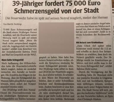 WAZ Herne vom 07.03.2017 39 jhriger fordert 75000 Schmerzensgeld von der Stadt Sabrina Diehl Marl Feuerwehr Herne Notruf Schlaganfall